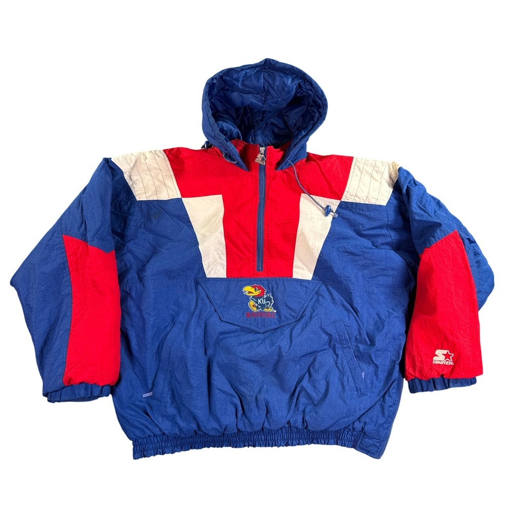 Vintage Starter Kansas Jayhawks Jacket Mens XL Blue 90s Puffer Anorak KU NCAA